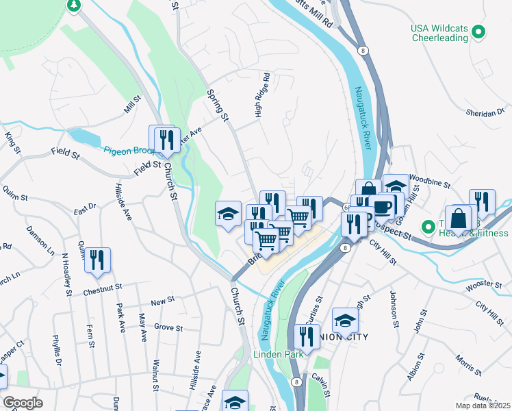 map of restaurants, bars, coffee shops, grocery stores, and more near 138 Spring Street in Naugatuck