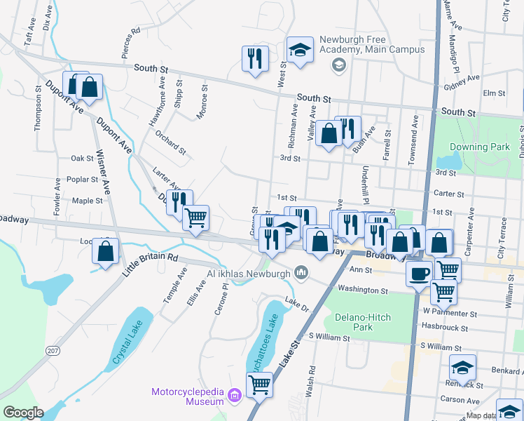 map of restaurants, bars, coffee shops, grocery stores, and more near 39 West Street in Newburgh