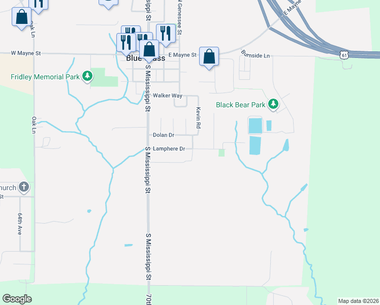 map of restaurants, bars, coffee shops, grocery stores, and more near 646 Seine Street in Blue Grass