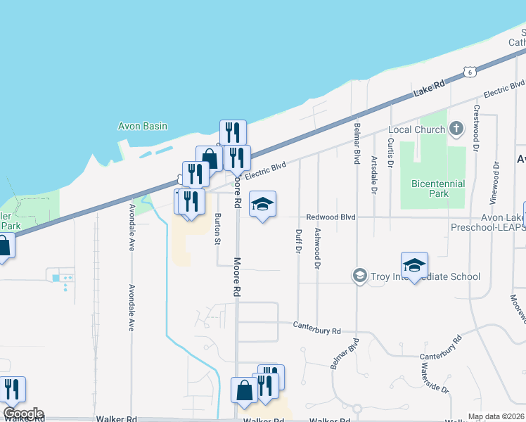 map of restaurants, bars, coffee shops, grocery stores, and more near 33393 Electric Boulevard in Avon Lake