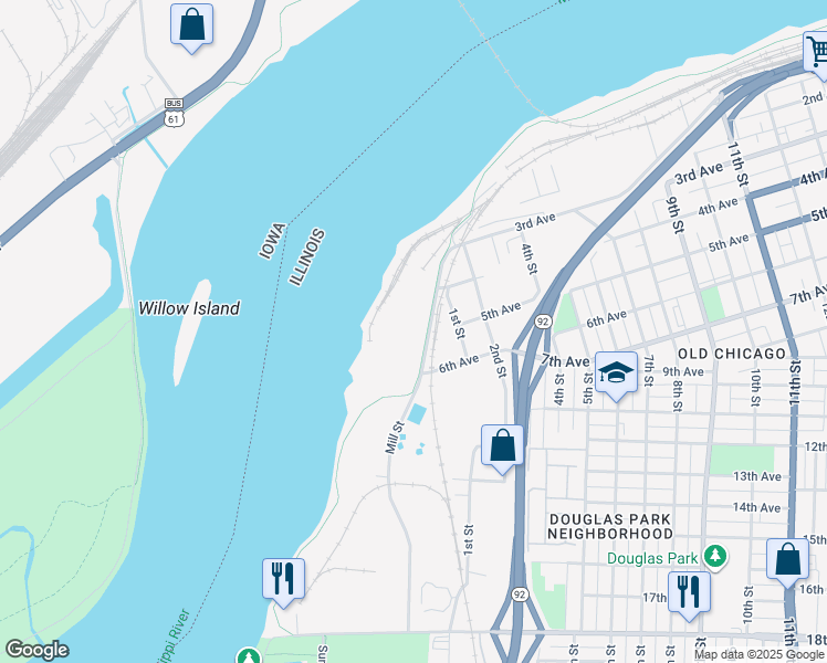 map of restaurants, bars, coffee shops, grocery stores, and more near 700 Mill Street in Rock Island