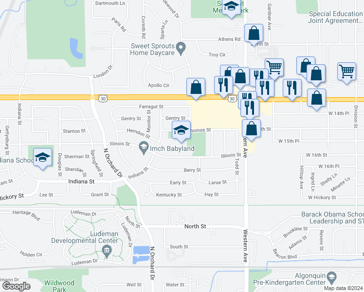 map of restaurants, bars, coffee shops, grocery stores, and more near 210 Illinois Street in Park Forest