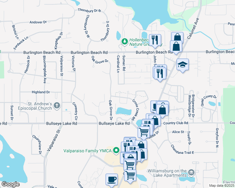 map of restaurants, bars, coffee shops, grocery stores, and more near 3801 Ridgewood Court in Valparaiso