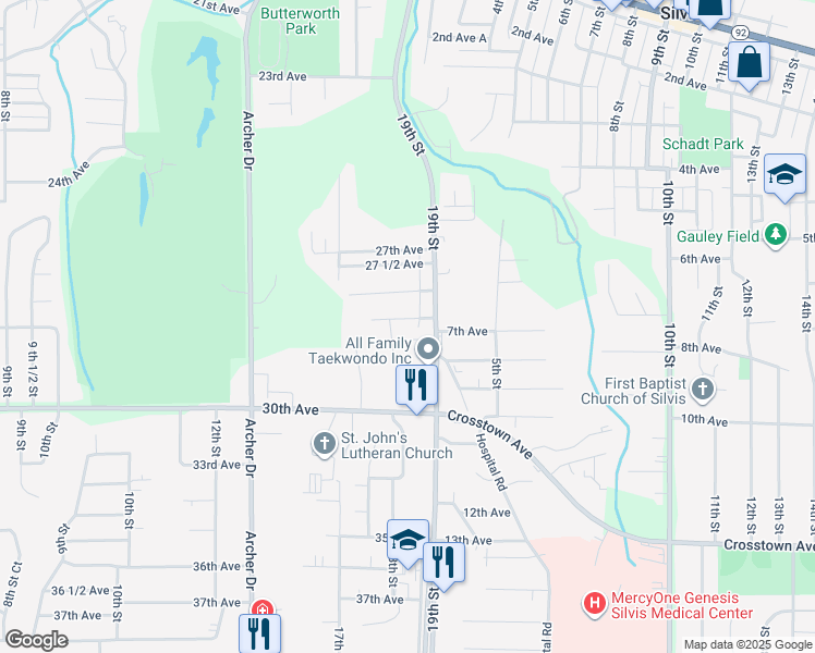 map of restaurants, bars, coffee shops, grocery stores, and more near 1833 28th 1/2 Avenue in East Moline