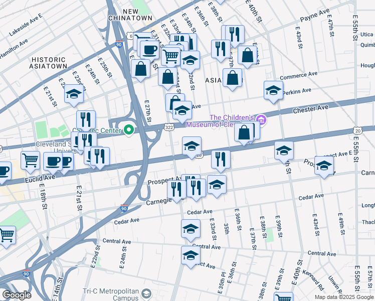 map of restaurants, bars, coffee shops, grocery stores, and more near 3131 Euclid Avenue in Cleveland
