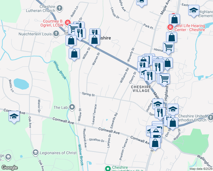 map of restaurants, bars, coffee shops, grocery stores, and more near 410 Spring Street in Cheshire