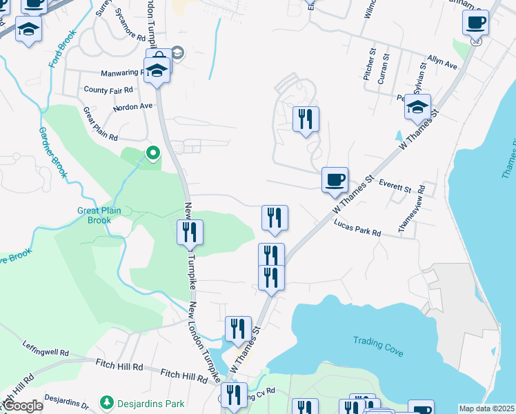map of restaurants, bars, coffee shops, grocery stores, and more near 424 Old Pond Lane in Norwich