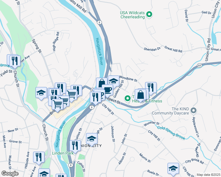 map of restaurants, bars, coffee shops, grocery stores, and more near 24 Wood Street in Naugatuck