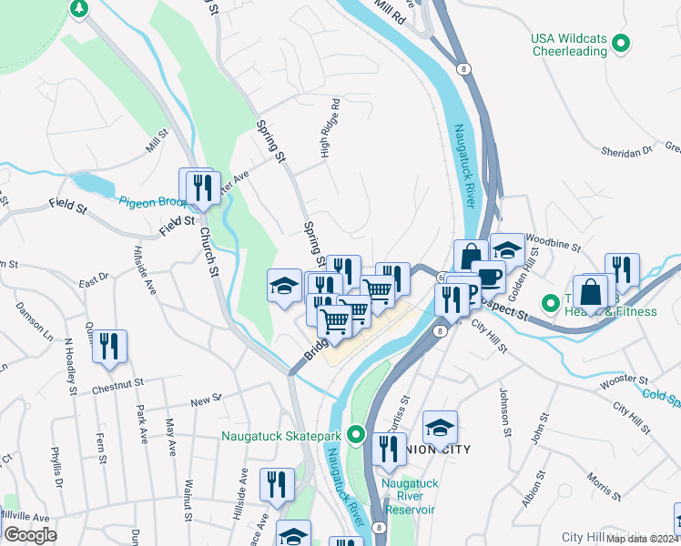 map of restaurants, bars, coffee shops, grocery stores, and more near 24 Anderson Street in Naugatuck