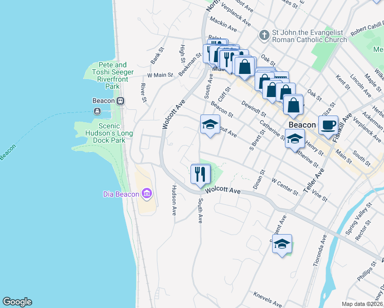 map of restaurants, bars, coffee shops, grocery stores, and more near 1 Davies South Terrace in Beacon