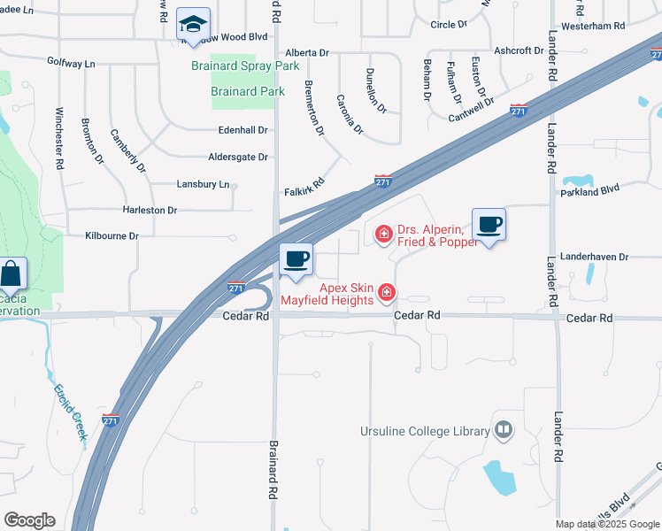 map of restaurants, bars, coffee shops, grocery stores, and more near 2222 Glouchester Drive in Lyndhurst