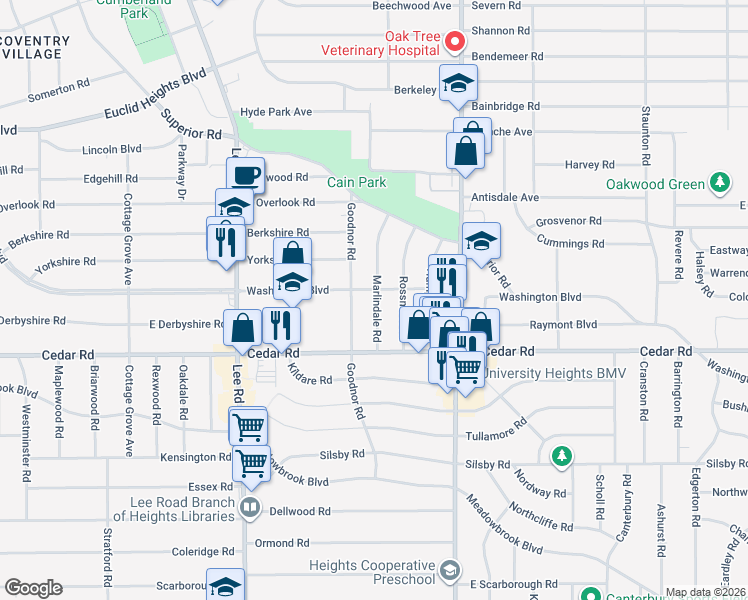 map of restaurants, bars, coffee shops, grocery stores, and more near 3357 Washington Boulevard in Cleveland Heights