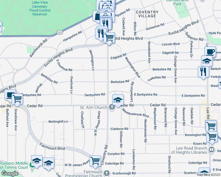 map of restaurants, bars, coffee shops, grocery stores, and more near 2828 Berkshire Road in Cleveland Heights