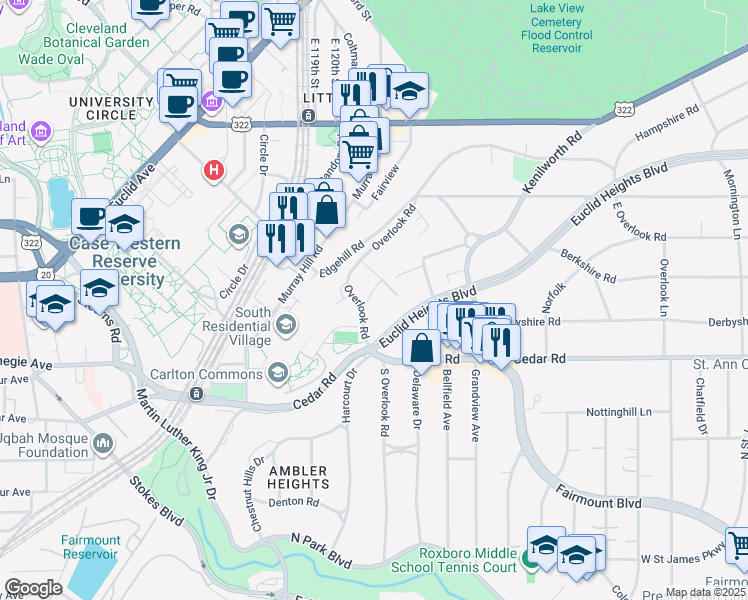 map of restaurants, bars, coffee shops, grocery stores, and more near 10 Kenilworth Mews in Cleveland Heights