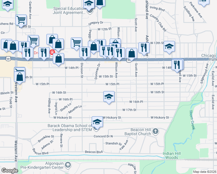 map of restaurants, bars, coffee shops, grocery stores, and more near 411 West 15th Place in Chicago Heights