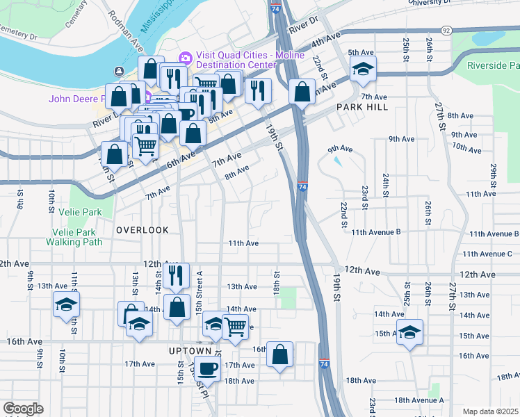 map of restaurants, bars, coffee shops, grocery stores, and more near 855 17th Street in Moline