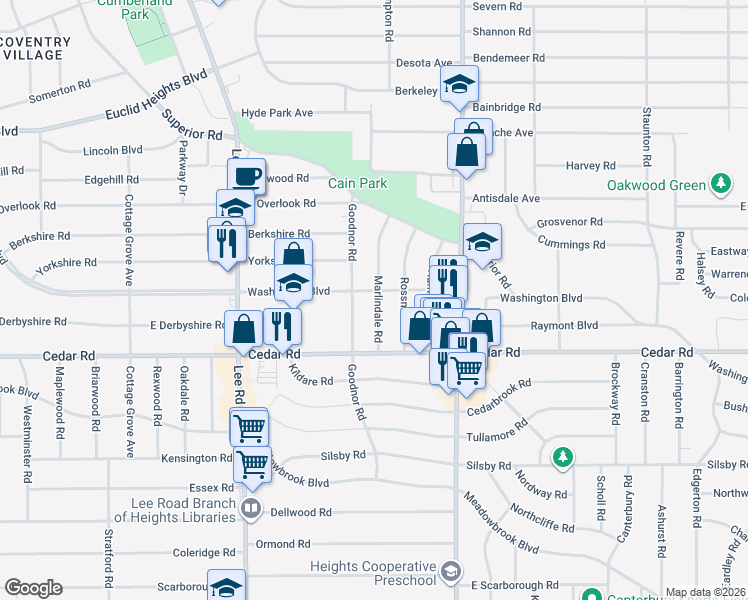 map of restaurants, bars, coffee shops, grocery stores, and more near 3357 Washington Boulevard in Cleveland Heights