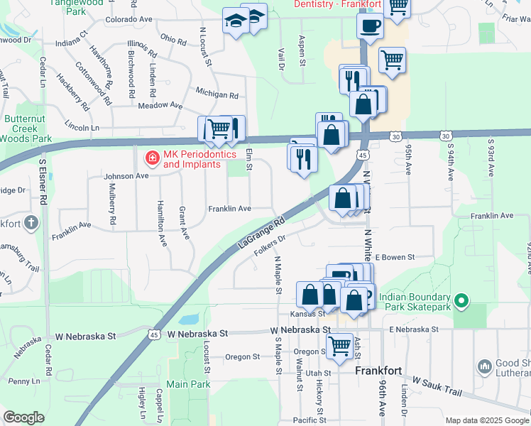 map of restaurants, bars, coffee shops, grocery stores, and more near 240 Franklin Avenue in Frankfort