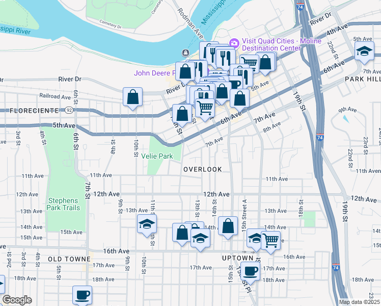 map of restaurants, bars, coffee shops, grocery stores, and more near 7th Avenue in Moline