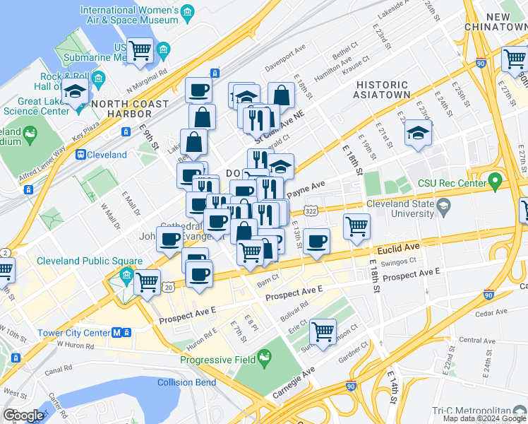 map of restaurants, bars, coffee shops, grocery stores, and more near 1701 East 12th Street in Cleveland