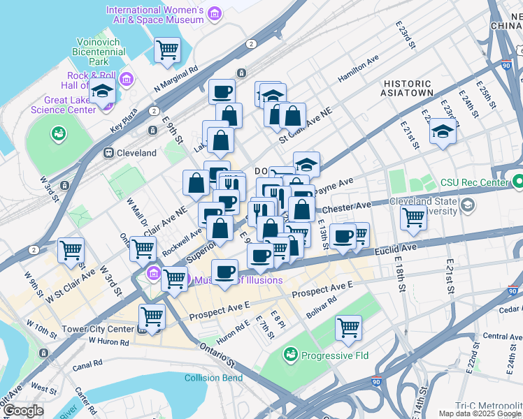 map of restaurants, bars, coffee shops, grocery stores, and more near 1100 Superior Avenue in Cleveland