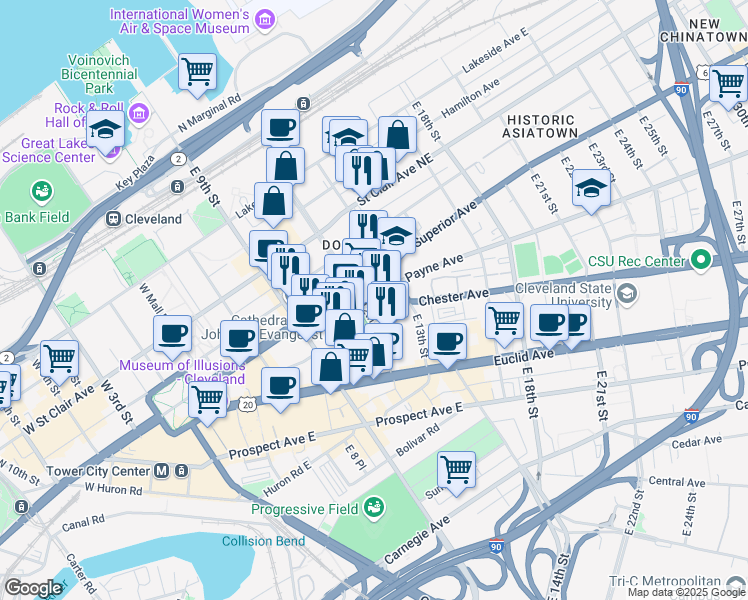 map of restaurants, bars, coffee shops, grocery stores, and more near 1701 East 12th Street in Cleveland