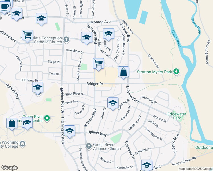 map of restaurants, bars, coffee shops, grocery stores, and more near 1000 Bridger Drive in Green River