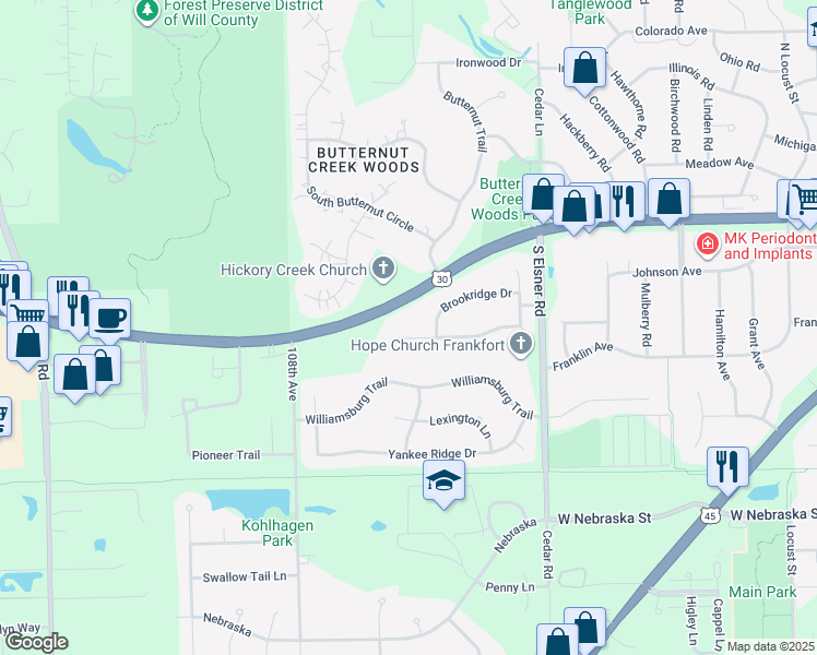 map of restaurants, bars, coffee shops, grocery stores, and more near 10498 Brookridge Creek Drive in Frankfort