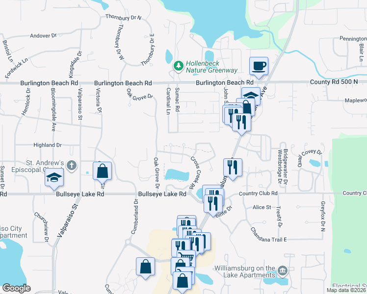 map of restaurants, bars, coffee shops, grocery stores, and more near 3899 Wind Meadow Court in Valparaiso