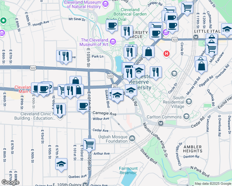 map of restaurants, bars, coffee shops, grocery stores, and more near 10730 Euclid Avenue in Cleveland