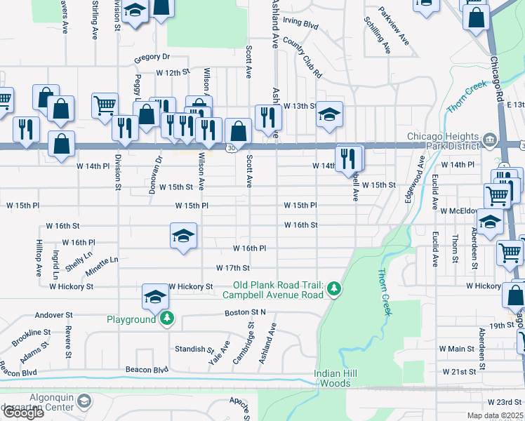 map of restaurants, bars, coffee shops, grocery stores, and more near 337 West 15th Place in Chicago Heights
