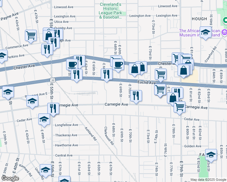 map of restaurants, bars, coffee shops, grocery stores, and more near 6700 Euclid Avenue in Cleveland