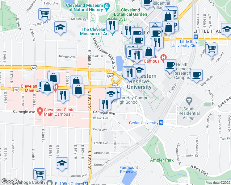 map of restaurants, bars, coffee shops, grocery stores, and more near in Cleveland