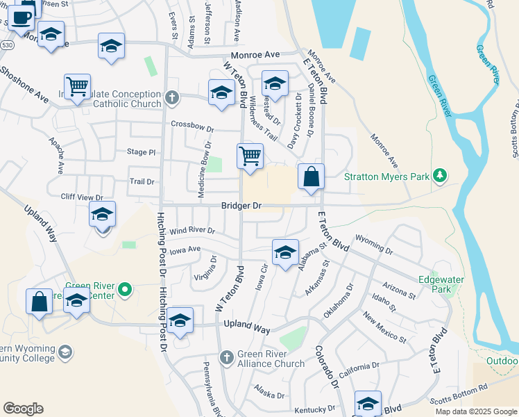 map of restaurants, bars, coffee shops, grocery stores, and more near 1000 Bridger Drive in Green River
