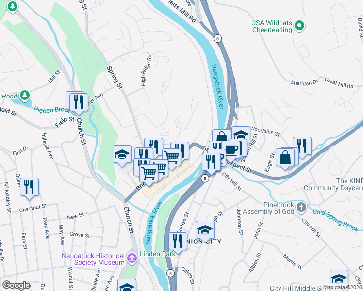 map of restaurants, bars, coffee shops, grocery stores, and more near 71 School Street in Naugatuck