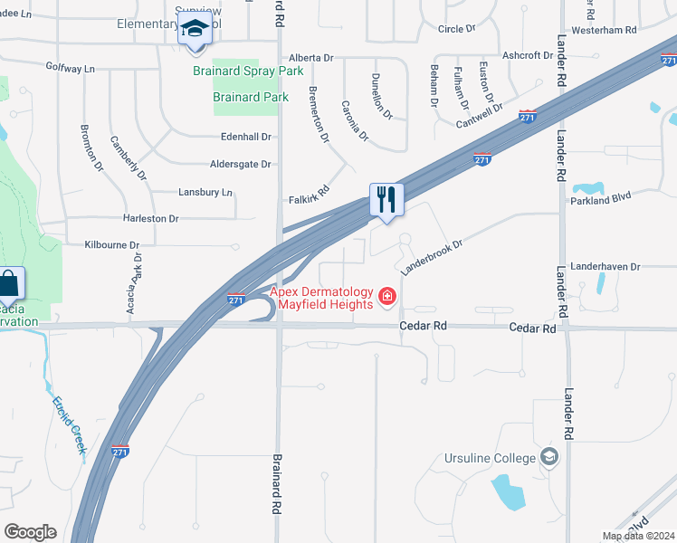 map of restaurants, bars, coffee shops, grocery stores, and more near 2222 Glouchester Drive in Lyndhurst