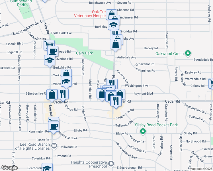 map of restaurants, bars, coffee shops, grocery stores, and more near 3441 Washington Boulevard in Cleveland Heights