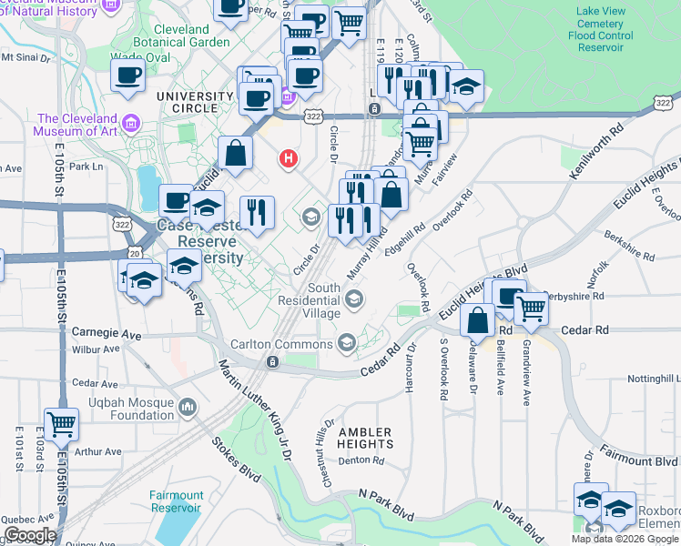map of restaurants, bars, coffee shops, grocery stores, and more near 2220 Murray Hill Road in Cleveland