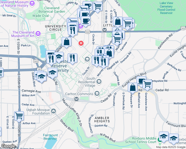 map of restaurants, bars, coffee shops, grocery stores, and more near 2189 Arey Road in Cleveland