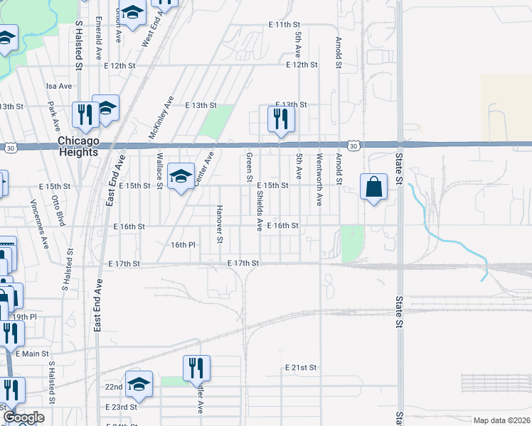 map of restaurants, bars, coffee shops, grocery stores, and more near 1520 Portland Avenue in Chicago Heights