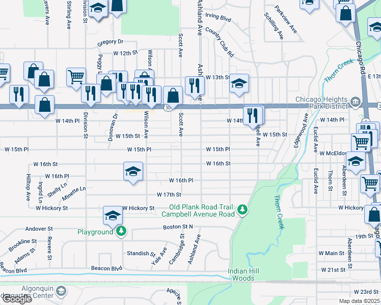 map of restaurants, bars, coffee shops, grocery stores, and more near 337 West 15th Place in Chicago Heights