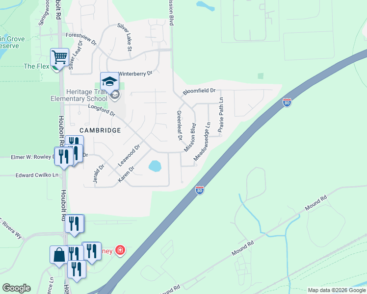 map of restaurants, bars, coffee shops, grocery stores, and more near 1004 Greenleaf Drive in Joliet