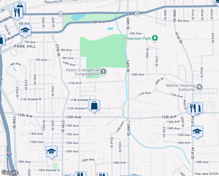 map of restaurants, bars, coffee shops, grocery stores, and more near 3202 11th Avenue in Moline
