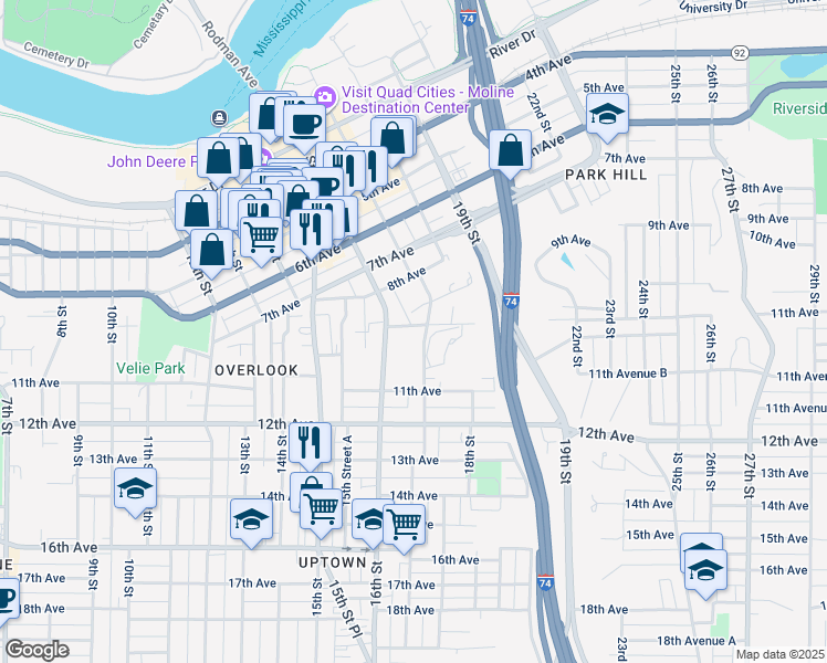 map of restaurants, bars, coffee shops, grocery stores, and more near 855 17th Street in Moline