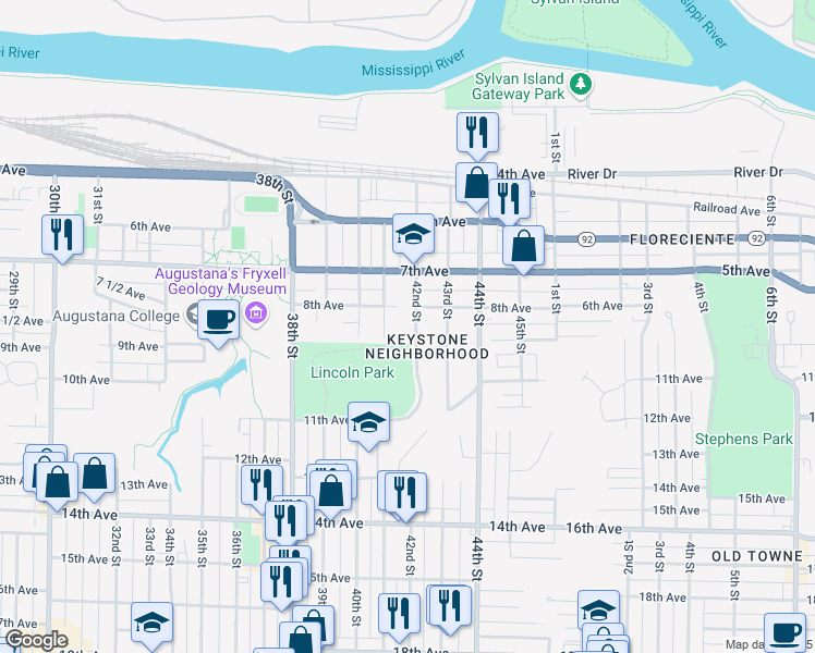 map of restaurants, bars, coffee shops, grocery stores, and more near 808 42nd Street in Rock Island