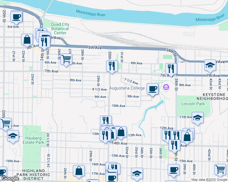 map of restaurants, bars, coffee shops, grocery stores, and more near 767 30th Street in Rock Island