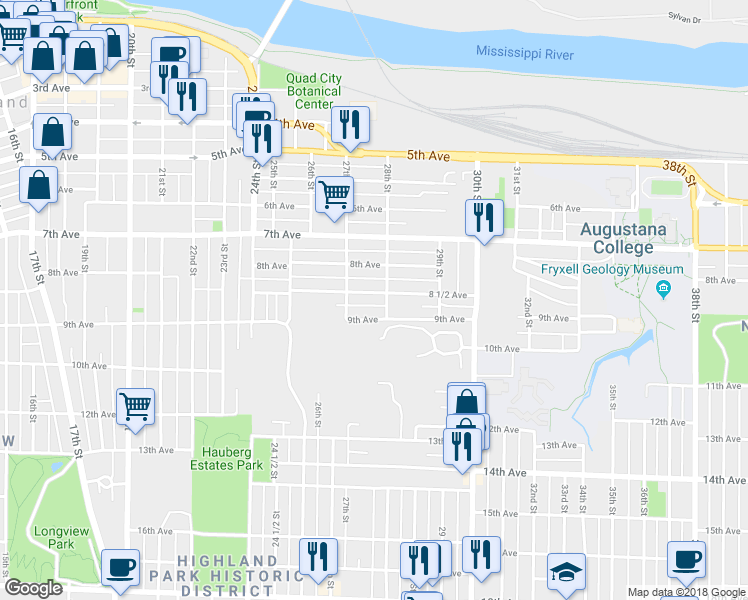 map of restaurants, bars, coffee shops, grocery stores, and more near 2739 8 1/2 Avenue in Rock Island