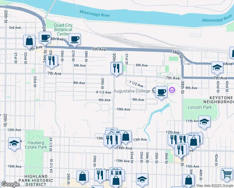 map of restaurants, bars, coffee shops, grocery stores, and more near 767 30th Street in Rock Island