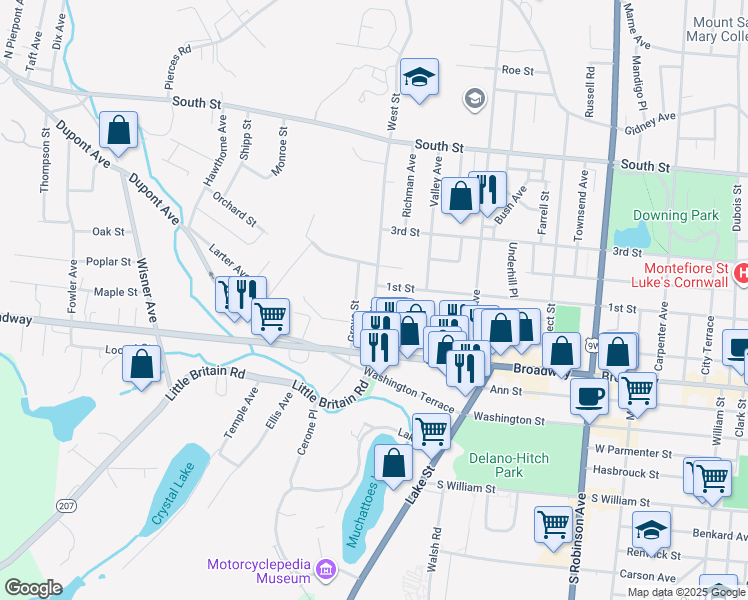map of restaurants, bars, coffee shops, grocery stores, and more near 39 West Street in Newburgh