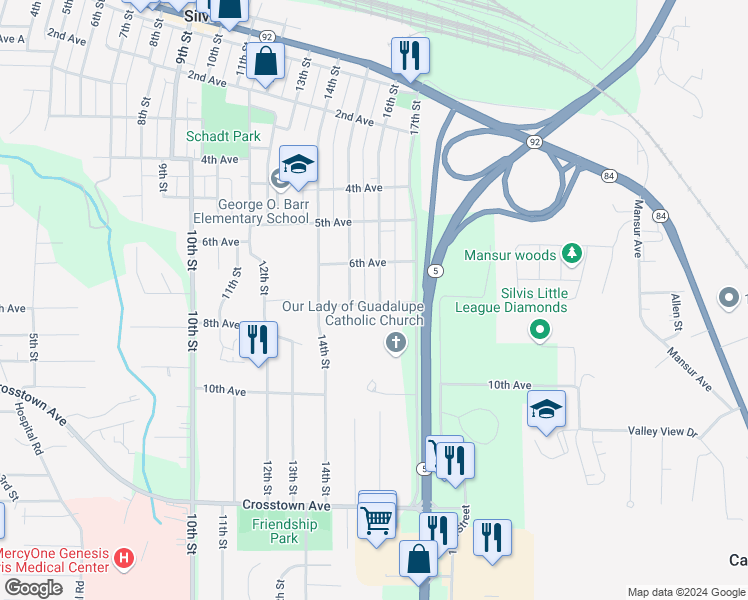 map of restaurants, bars, coffee shops, grocery stores, and more near 630 16th Street in Silvis